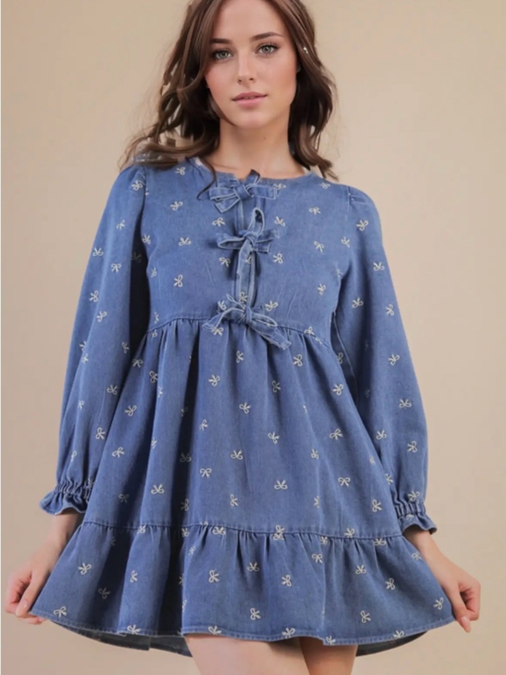 Chambray mineral bow coquette embroidered denim boho western tiered midi dress